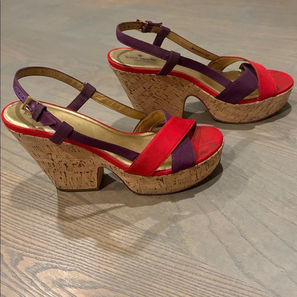 KATE SPADE Purple Red Colorblock Penny Cork Wedge Sandals